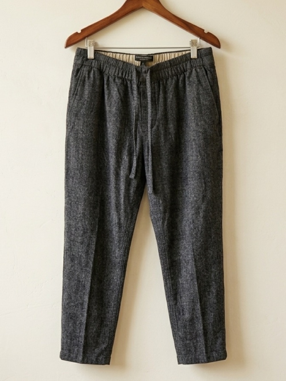 ⁠100% Wool Tapered Knit Drawstring Pants Gray Plaid Pleated Trousers S BR⁠